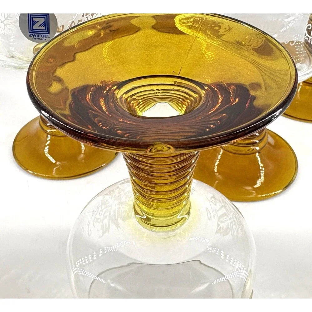 Schott Zwiesel Amber Stem Etched Wine Glasses Set of 6 Vintage German Crystal